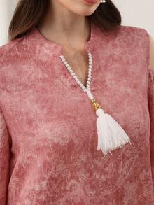 Yasmyna 白色吊坠点缀露肩袖粉色提花阿拉伯风格连衣裙 - 粉色 - 查看 2