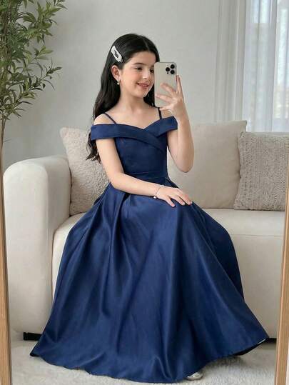 SHEIN 少女款编织露肩吊带优雅连衣裙，藏蓝色