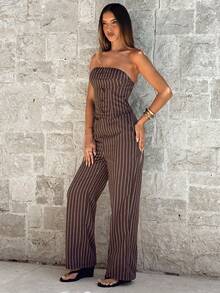Aloruh Coffee Striped Bandeau Top + Straight Leg Pants Elegant Commuter 2 Pieces Set - Coffee Brown - View 3