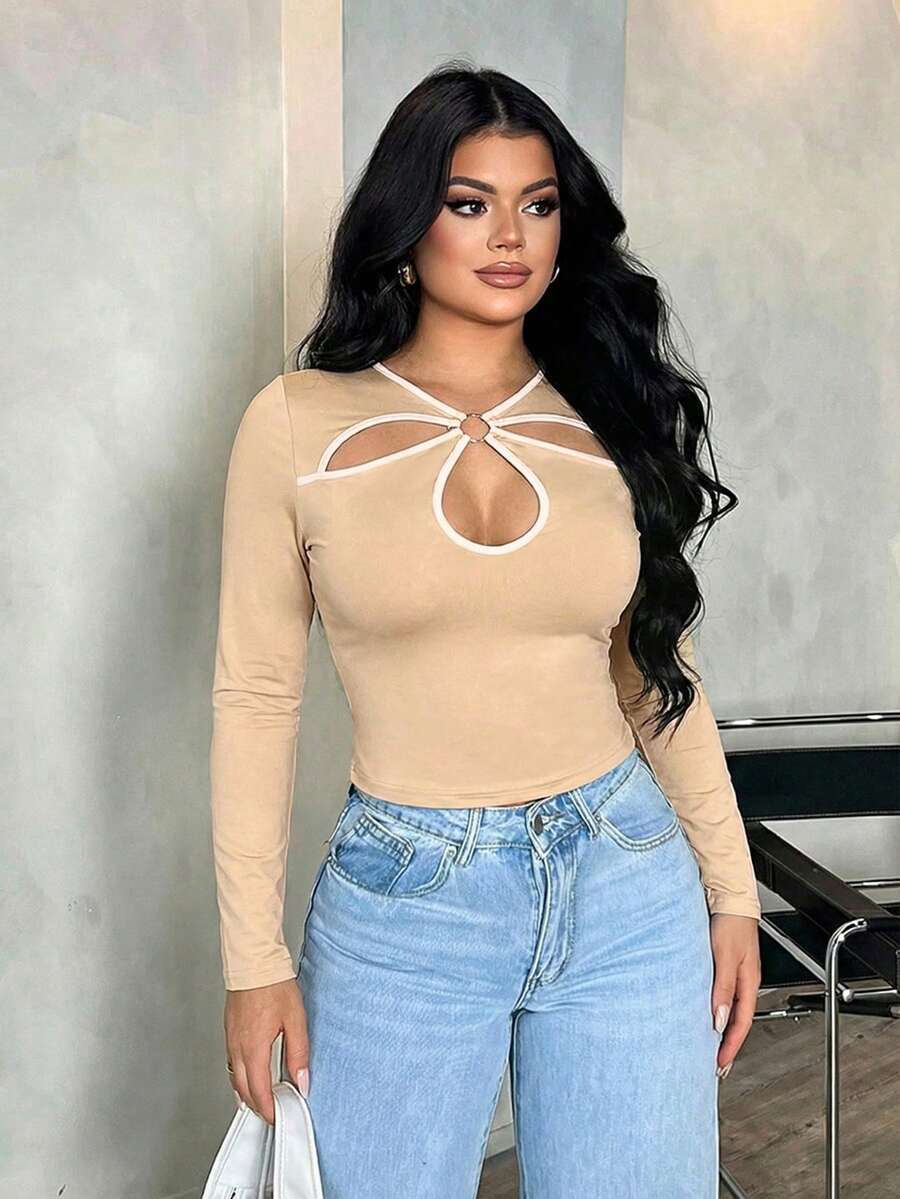 SHEIN SXY 大码女式性感休闲多色撞色镂空花卉T恤 - 彩色 - 查看 1