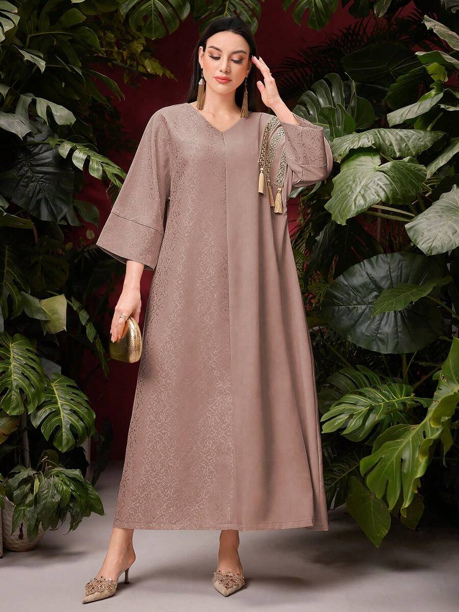 Al Najma V-Neck Loose Fit 3/4 Sleeve Patchwork Fringe Design Abaya - Coral Pink - View 1