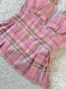 Glimmora V-Neck Cap Sleeve Fitted Plaid Blouse For Women - Pink - View 4