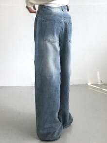 DAZY Vintage Washed Loose Fit High Waist Wide Leg Jeans, Versatile Light Blue Denim Pants For Women, Winter Y2k - Light Wash - View 2