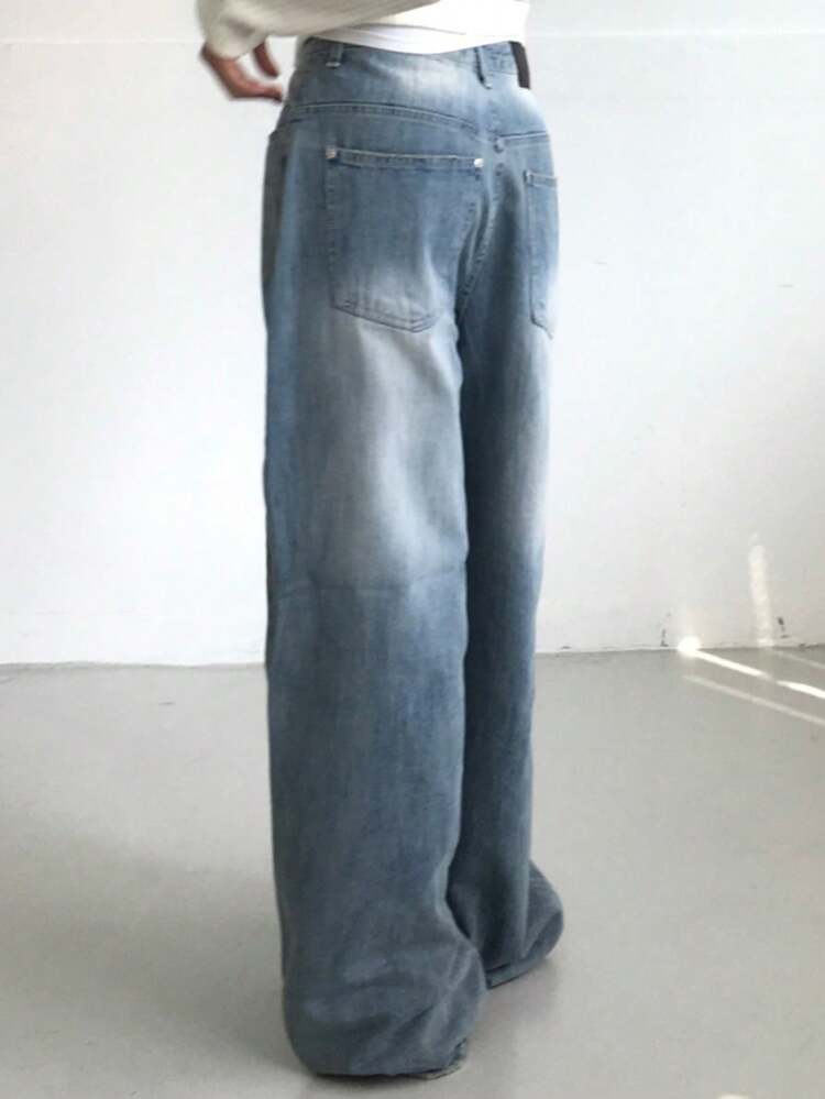 Vintage Washed Loose Fit High Waist Wide Leg Jeans, Versatile Light Blue Denim Pants For Women, Winter Y2k