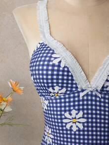 Swim Mod 2026春夏女士沙滩套装，连体泳衣，优雅浪漫甜美可爱海岛度假风，艺术雏菊蓝白格纹印花，精致蕾丝花边装饰，细肩带修身连体泳衣，适合夏季度假、海滩、泳池、日常穿着。2026新款女士泳装到货，适合上学、度假、约会、下午茶、西式、邮轮、海滩、海岛、公路旅行、四季皆宜、音乐节、波西米亚风度假、凉爽秋季、西部波西米亚风、优雅女士泳衣，活泼假日彩色印花波西米亚复古泳衣，复古泳衣，女士雏菊泳衣，格纹泳衣，连体泳衣 - 藍色 - 查看 11