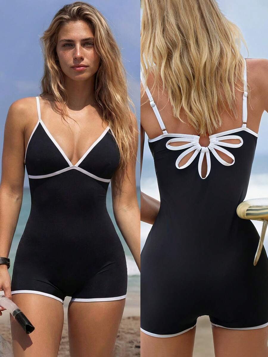 Swim SPRTY 女士夏季度假运动镂空花卉连体泳衣 - 黑與白 - 查看 1