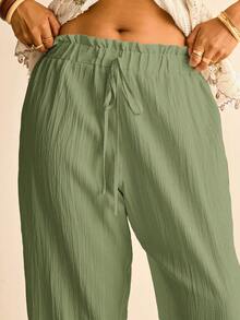 Freevana Pantalones casuales de pierna recta con lazo en la cintura para mujer de talla grande - Verde - Ver 5