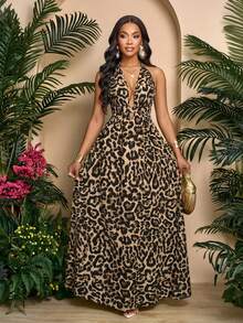 SOLERSUN Women's New Season Leopard Print Halter V-Neck Vacation Holiday Beach Criss Cross Tie Backless Maxi Dress, Spring/Summer (Random Floral) - Brown - View 7