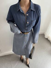 Livesso 女士休闲宽松渐变扎染直筒牛仔连衣裙，优雅百搭，适合办公室通勤、秋冬季节穿着 - 淺色水洗藍 - 查看 7