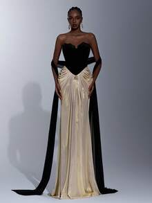 Elitara Elegant, Luxurious, Fashionable, Sexy Black And White Contrast, Velvet Fabric, Coated Fabric, Strapless, Waist Metal Decor Buckle, Fishtail Skirt, Trailing, (Detachable Halter Flounce) Suitable For Vacation, Wedding, Bachelorette Party, Formal Ball Gown, Formal Dinner Dress - Black and White - View 8