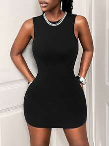 BamGleam SHEIN Seamless Knit Sexy Backless Bodycon Mini Dress - Black - View 2