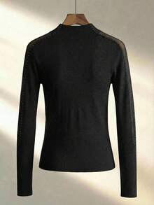 Franclia Women's Slim Fit Turtleneck Sweater With Shoulder Mesh Cutout And Bubble Pearl Design, Suitable For Daily Commute - Black - View 4