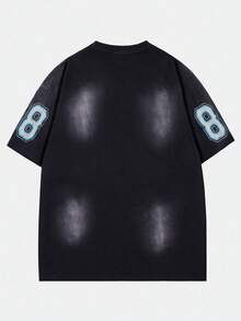 ROMWE MEN Street Life Men's Jesus Print Washed Vintage Distressed Short Sleeve T-Shirt,  Spring/Summer - Black - View 2