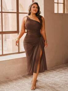 Swim Oasis Plus Size Women 2pcs Set One Shoulder Coffee Mesh Patchwork Ruched One Piece Swimsuit With Coffee Mesh Long Pants, Summer Beach Holiday - Coffee Brown - View 2
