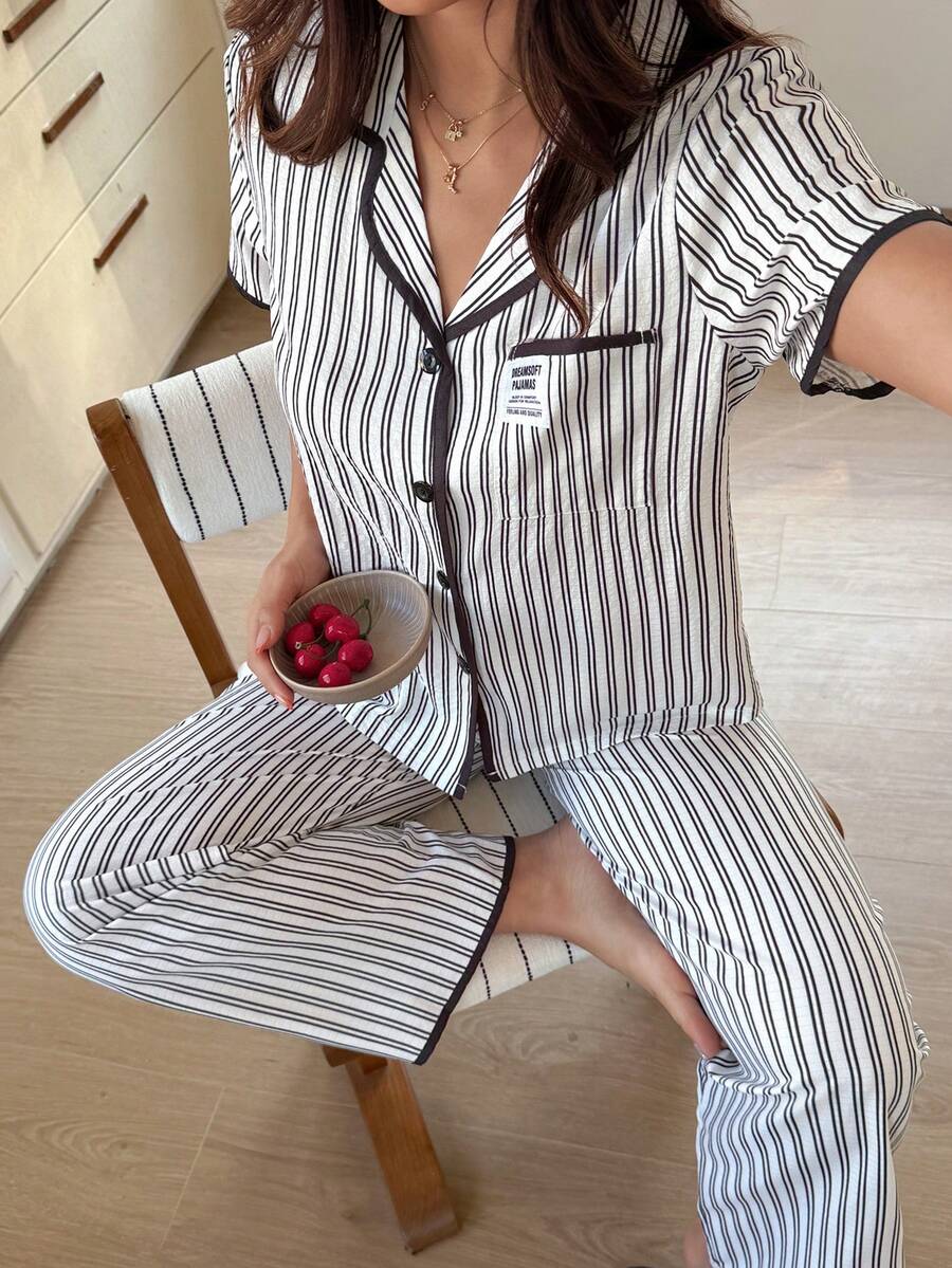 Napfluff 新款条纹短袖长裤女士睡衣套装 - 黑與白 - 查看 1