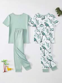 Bộ đồ ngủ ôm sát cho bé trai, in hình khủng long hoạt hình màu xanh lá cây, gồm áo tay ngắn và quần legging, chất liệu mềm mại và thoải mái, thích hợp mặc vào mùa xuân/hè. - màu xanh lá - Xem 2