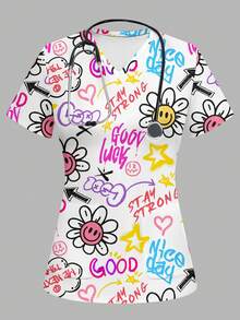 PopScrub 女士彩色印花V领短袖工作服上衣 - 彩色 - 查看 1