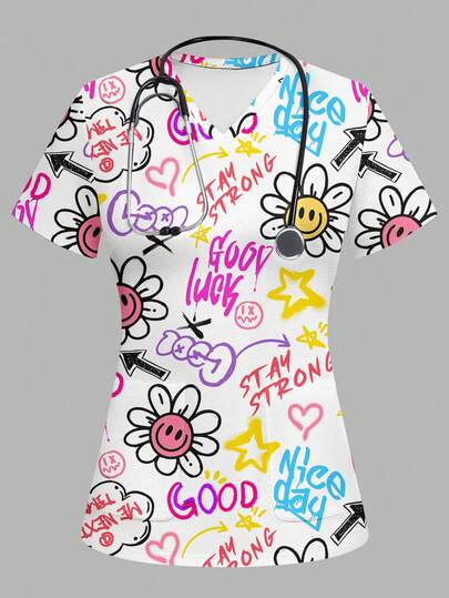 PopScrub 女士彩色印花V领短袖工作服上衣