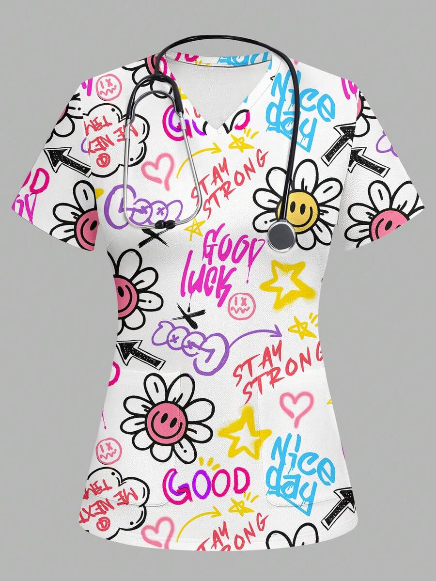 PopScrub 女士彩色印花V领短袖工作服上衣 - 彩色 - 查看 1