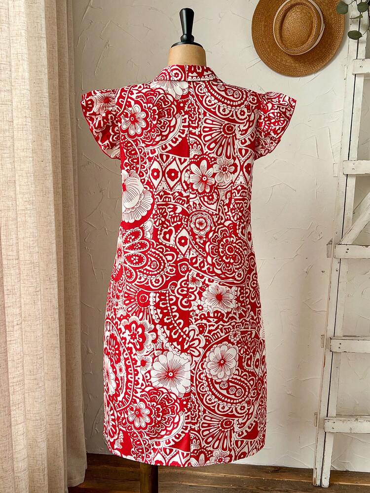 Plus Size Women Floral Print Loose Casual Dress With Flutter Sleeves For Summer/Flower/ Vacation Summer Dress  Summer Outfits Summer Clothes Spring Dress Spring Outfit Women Spring Clothing Country Style For Women Country Dress For Women