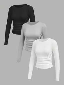 SHEIN Tall Bộ 3 Áo thun tay dài đơn giản, dễ mặc, đa năng cho nữ ngày lễ tình nhân, mùa thu và đông - Đen và trắng - Xem 7