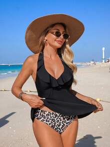 Swim Lushoire 2pcs Mature Ruffled Collar Tankini Top & Leopard Print Triangle Bottoms Swimsuit Set - Multicolor - View 5