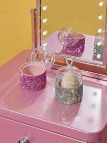 Joivida 1 hộp đựng bông mút trang điểm đính đá lấp lánh có nắp trong suốt - Hộp đựng đồ trang điểm di động, giải pháp lưu trữ trên mặt bàn, hộp đựng đồ dùng làm đẹp | Phụ kiện lấp lánh | Chất liệu nhựa, hộp đựng bông mút - Nhiều màu - Xem 1