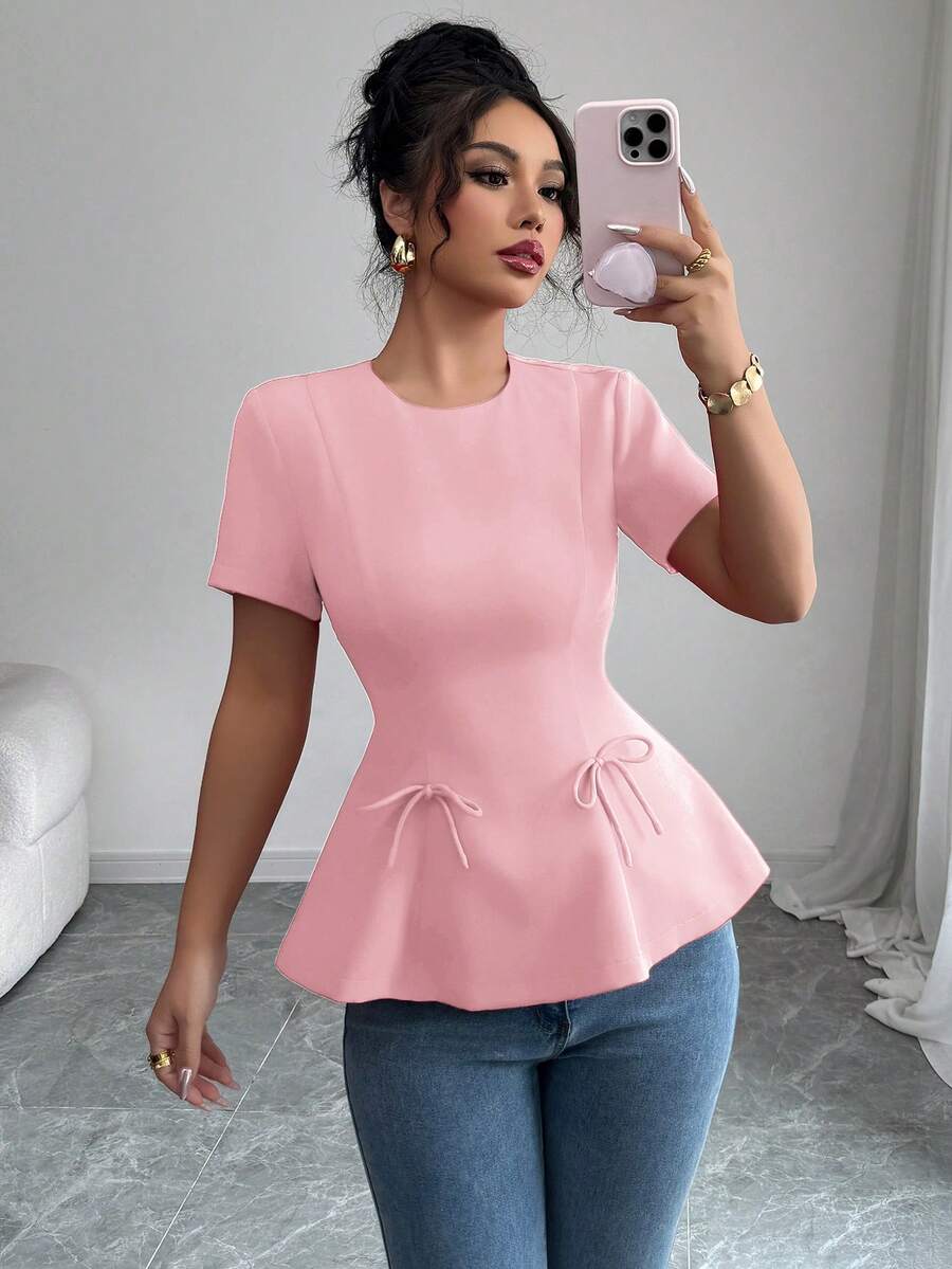 Elenzga Women's Casual Elegant Solid Color Round Neck Waist Cinched A-Line Bowknot Decor Back Zipper Short Sleeve Blouse, Spring/Summer - Pink - View 1