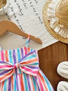SHEIN LMoss Kids Bộ áo liền quần mùa hè dễ thương cho bé gái, màu hồng và trắng kẻ sọc, có nơ trang trí. - Nhiều màu - Xem 7