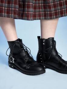 Sugerpunk 2025 新款春秋深色 PU 皮靴女，英伦风格厚底系带铆钉扣带平底踝靴 - 黑色 - 查看 6