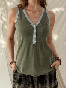 Wildy Áo tank top không tay phong cách BOHO miền Tây nước Mỹ cổ điển, phối màu loang lổ, trang phục cơ bản hàng ngày cho các buổi đi chơi và đi làm, có túi, thích hợp cho mùa xuân/hè. - Nhiều màu - Xem 3