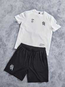 Manfinity ZONE917 男士字母印花圆领短袖 T 恤和配套短裤两件套，舒适服装 - 彩色 - 查看 1