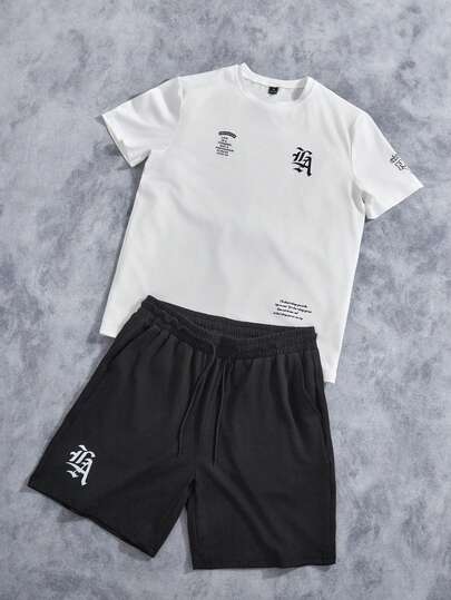 Manfinity ZONE917 男士字母印花圆领短袖 T 恤和配套短裤两件套，舒适服装