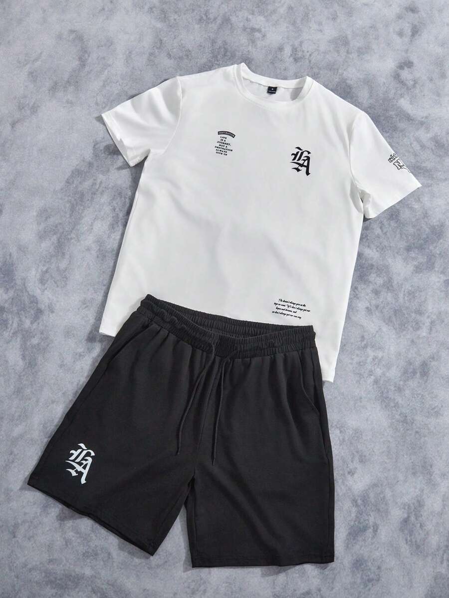 Manfinity ZONE917 男士字母印花圆领短袖 T 恤和配套短裤两件套，舒适服装 - 彩色 - 查看 1