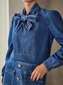 Selenza Women's Elegant Bowknot Strap Lightweight Woven Washed Denim Blouse, Blue - Dark Wash - View 6