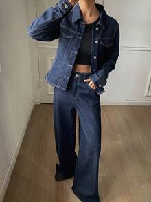 DAZY Women's Solid Color Button Front Long Sleeve Jacket And Pants Casual Denim Suit - Blue - View 2