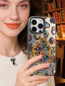 HARRY POTTER X SHEIN 1pc Hogwarts Crest Phone Case, Magical Scene Print 2D Pattern, Colorful Silver IMD 2-In-1 Design | Black Non-Slip Big-Cutout Glossy Case | Durable Protective Cover | British Wizarding Style Gift For Birthday/Holidays | Compatible With IPhone 17/17 Pro/17 Air/17 Pro Max, 16/16 Plus/16 Pro/16 Pro Max, 15-11/X/XS Max & Galaxy S25/S25 Ultra/S24-S22 Series - Black - View 4