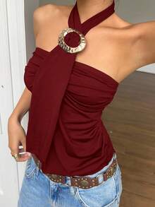 SHEIN EZwear 女款純色掛脖金屬裝飾抓皺時尚百搭上衣，適合約會與外出 - 酒紅色 - 查看 3