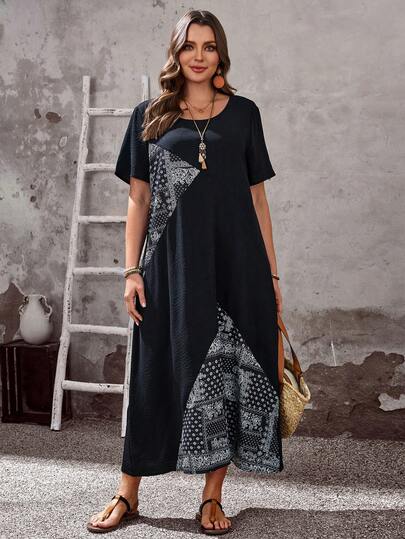 Plus Size Casual Vacation Floral Print Patchwork Dress/Summer Summer Dress  Summer Holiday Outfits Plus Casual Dress Plus Size Boho Dress Summer Plus Size Dress Bohemian
