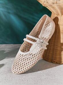 SHUZIA Women's Comfortable Rubber Fish Net Round Toe Ballet Flats - Beige - View 3