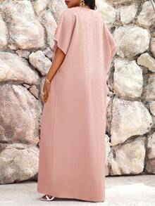 SHEIN Lady Jesienno-zimowa praca w kolorze zielonym, z wycięciem, z rękawami typu nietoperz, sukienka kaftan, sukienki w dużych rozmiarach, stroje wakacyjne, stroje plażowe dla kobiet, sukienka na wakacje na plaży, sukienka na wesele, sukienka dla gościa, sukienka biznesowa, swobodna, sukienka na studniówkę - Różowy - Zobacz 2