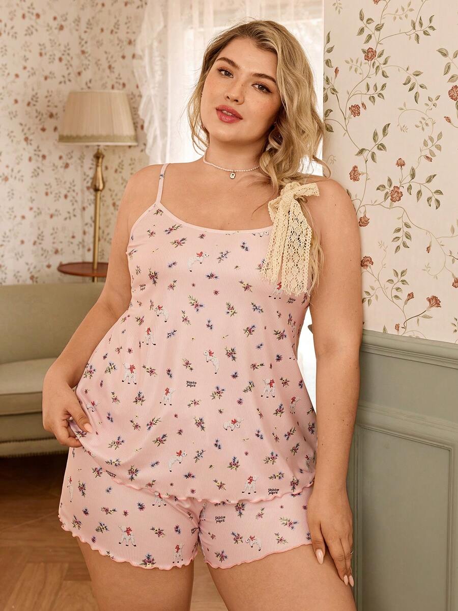 CottageSlumber Plus Size Knitted Ribbed Floral & Cartoon Dog Print Camisole & Shorts Pajama Set - Pink - View 1