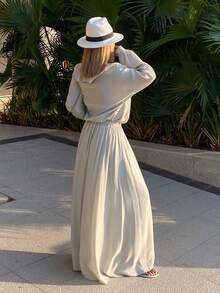 Livesso Women's Summer Ruffle Collar Top And Solid Loose Skirt 2 Pieces Set Linen - Khaki - View 2