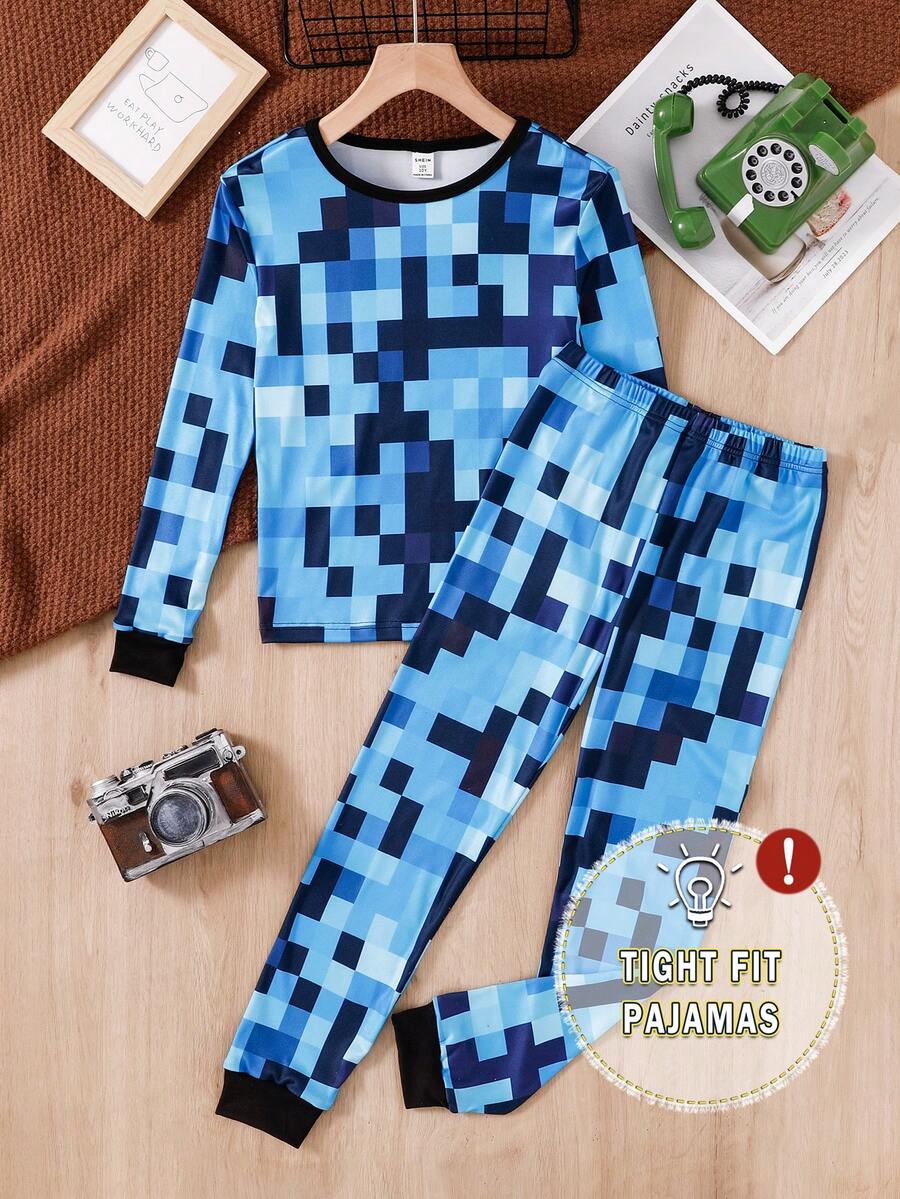 2pcs/Set Boys' Soft Comfortable Snug Fit Pajamas, Cute Plaid & Cartoon Print Long Sleeve Top And Pants, Casual Loungewear For Autumn/Winter - Multicolor - View 1