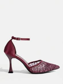 CUCCOO TILAWA Burgundy Wedding Shoes Women's Shoes Fashion Mesh Pointed Ankle Buckle Strap Stiletto Sandals Women's Temperament Elegant And Comfortable Versatile High Heels - Burgundy - View 2