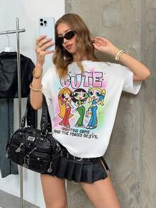 THE POWERPUFF GIRLS X SHEIN Women's Blossom, Bubbles, Buttercup Pattern Round Neck Short Sleeve T-Shirt - White - View 6