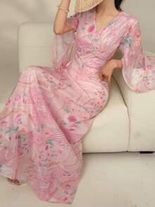 DAZY Vestido con estampado floral de primavera y verano, vestido midi elegante y entallado para el Día de San Valentín, boda, fiesta, ocasión formal, uso casual, vestido de verano de manga larga con estampado floral oscuro - Celeste - Ver 5