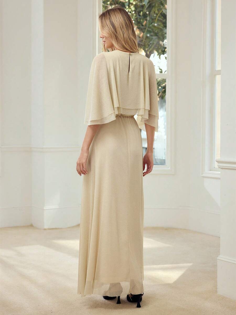 MOTF PREMIUM SOLID CAPE SLEEVE CHAIN BELTED LONG DRESS - Apricot - View 2
