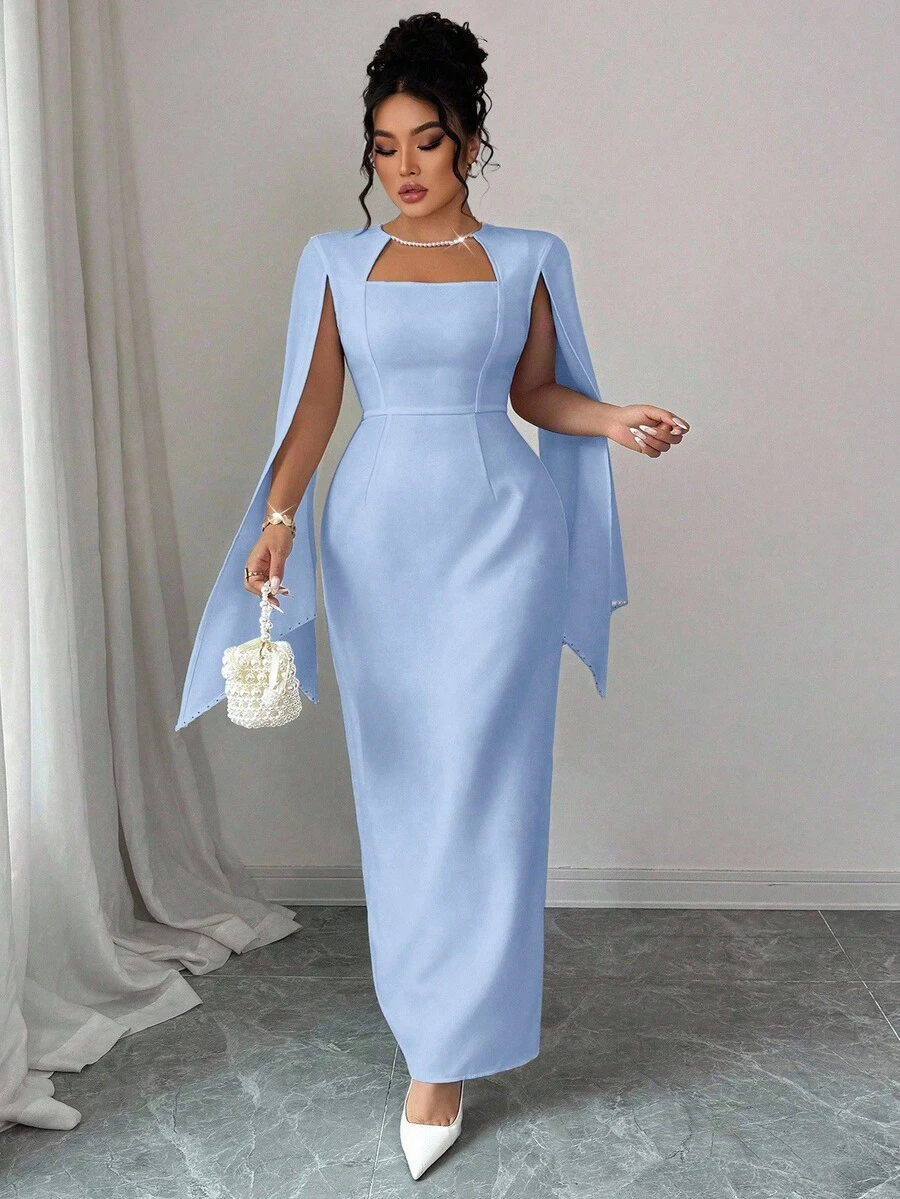 Elenzga 女士优雅方领收腰直筒连衣裙，珍珠链饰袖口，适合派对/婚礼/聚会/音乐节等场合，春秋季 - 天藍色 - 查看 1