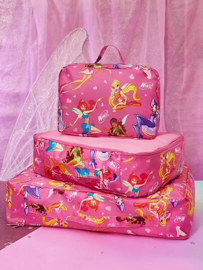 The Winx X SHEIN Cute Cartoon Pattern Printed Travel Storage Bag, Mesh Surface, Classified Storage, A Variety Of Sizes To Choose From, Suitable For Various Bag Sizes, Very Suitable For Short Trips, Long Trips, Daily Family Storage And Other Scenarios